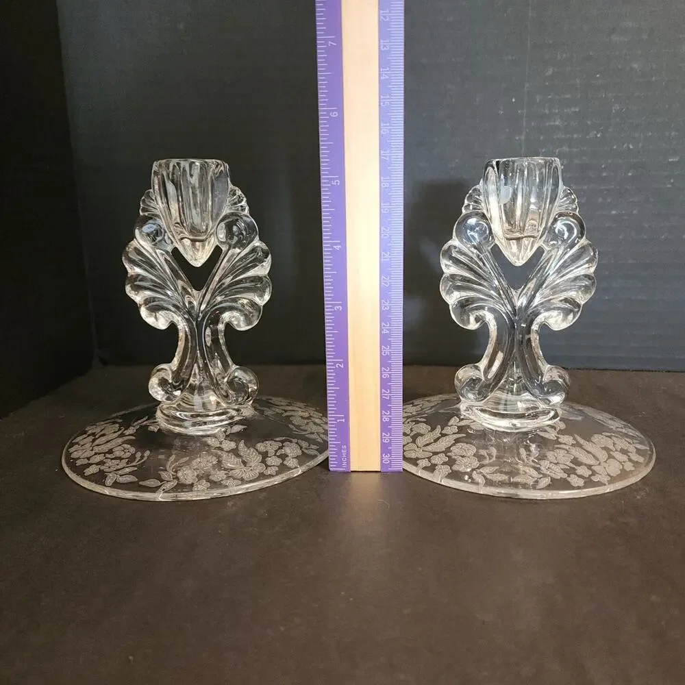 Florentine New Martinsville Pair Candlesticks Etched Elegant Depression Glass